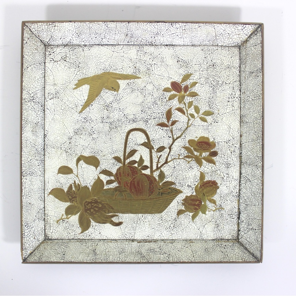 Antique Japanese Lacquered Wood Tray Square White and Gold Bird and Fruit